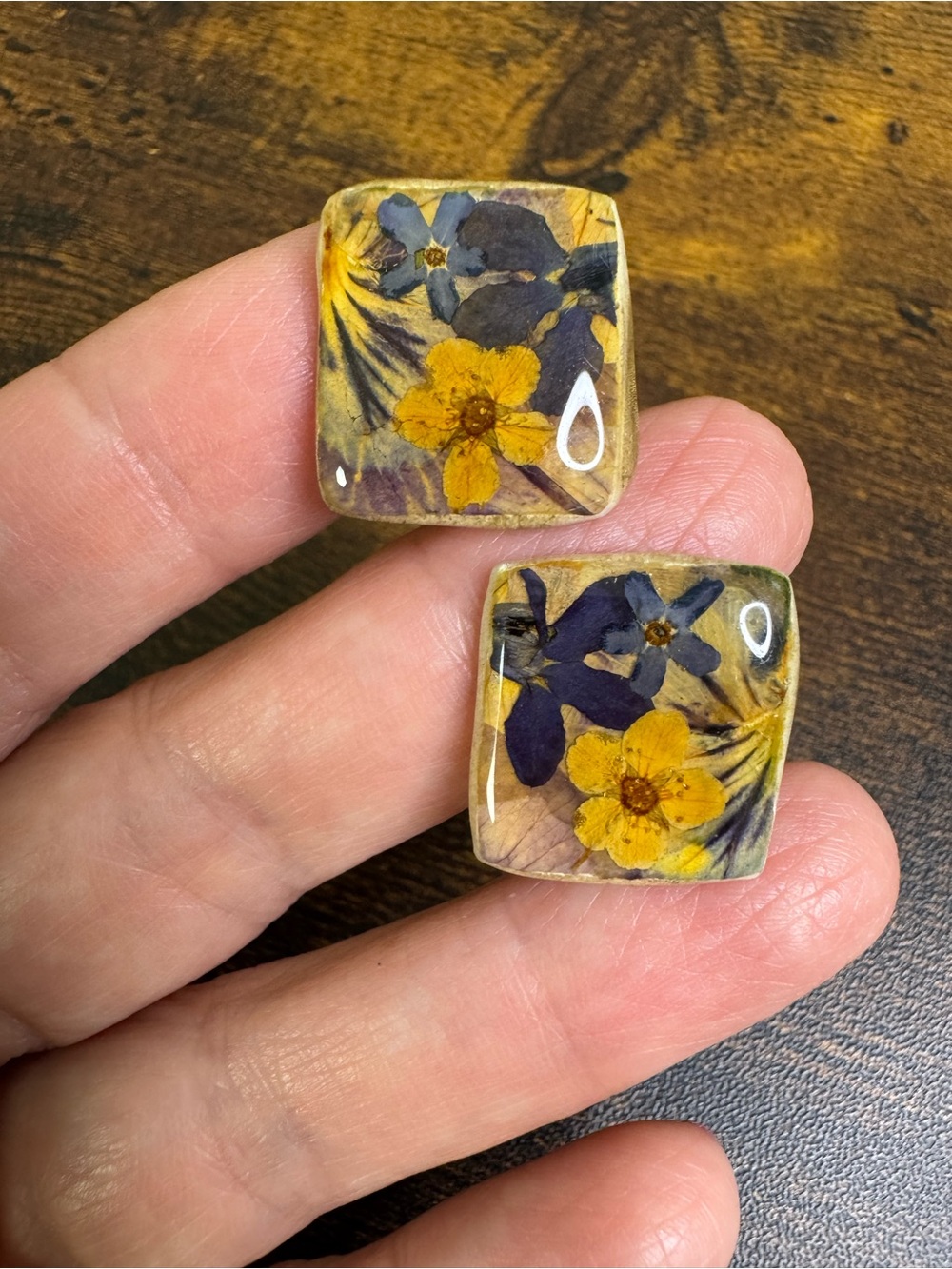 Vintage Yellow & Purple Pressed Flower Resin Square Screw-Back Earrings